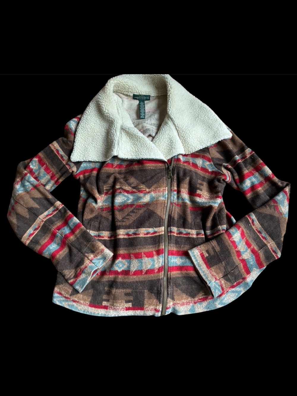 Lauren Ralph Lauren Brown, Red & Cream Patterned Sherpa Zip Jacket